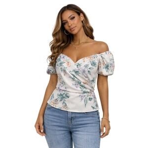Meraki Floral Off Shoulder Surplice Puff Sleeve Blouse Cream XL